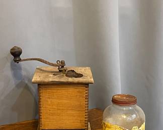 ANTIQUE COFFEE GRINDER, OLD COFFEE JAR