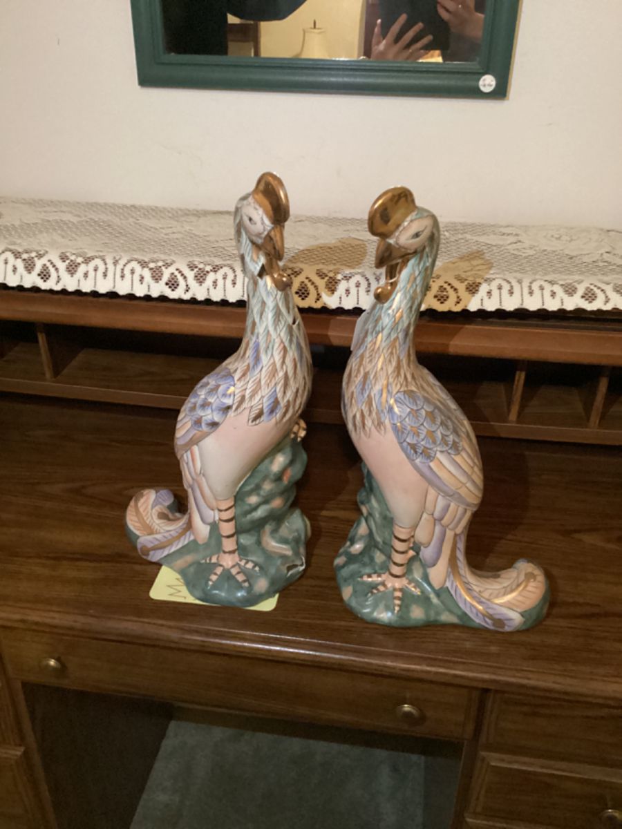 Vintage 17 inch Pheasant Peacock Golden Crown Figurine Pair