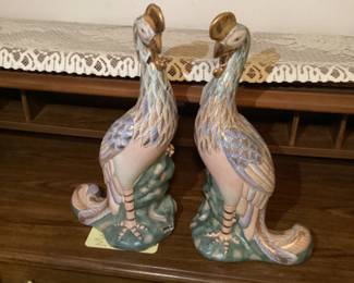 Vintage 17 inch Pheasant Peacock Golden Crown Figurine Pair
