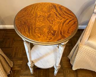 Louis XVI Style Round Side Table with Gold Accents and Walnut Top