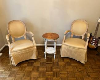 Antique Inspired Louis XVI Style Armchair and Louis XVI Style Round Side Table with Gold Accents and Walnut Top