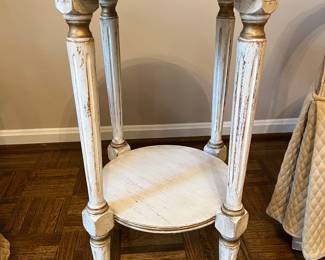 Louis XVI Style Round Side Table with Gold Accents and Walnut Top