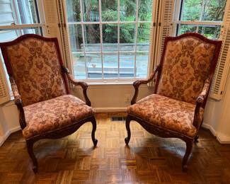 Sumptuous Pair of French Style Carved Wood & Upholstered Armchairs (Price per chair)
