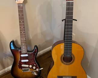 Squier Stratocaster Electric Guitar - Sunburst and Yamaha CH101A Classical Acoustic Guitar