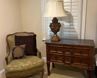 Ethan Allen Wooden Dresser with Ring Pull Hardware, Ethan Allen Camille French Provincial Arm Chair, Ethan Allen Bronze Wooden Urn Table Lamp.