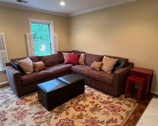 Crate & Barrel Brown Sectional Sofa, and Brown Faux Leather Cube Ottoman, Pottery Barn Area Rug