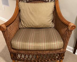Wicker Armchair with Plaid Cushions