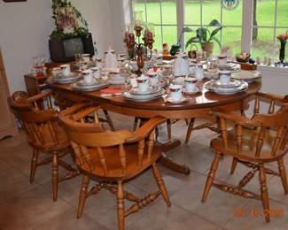 Vintage hard rock maple dining set with 8 barrel back chairs