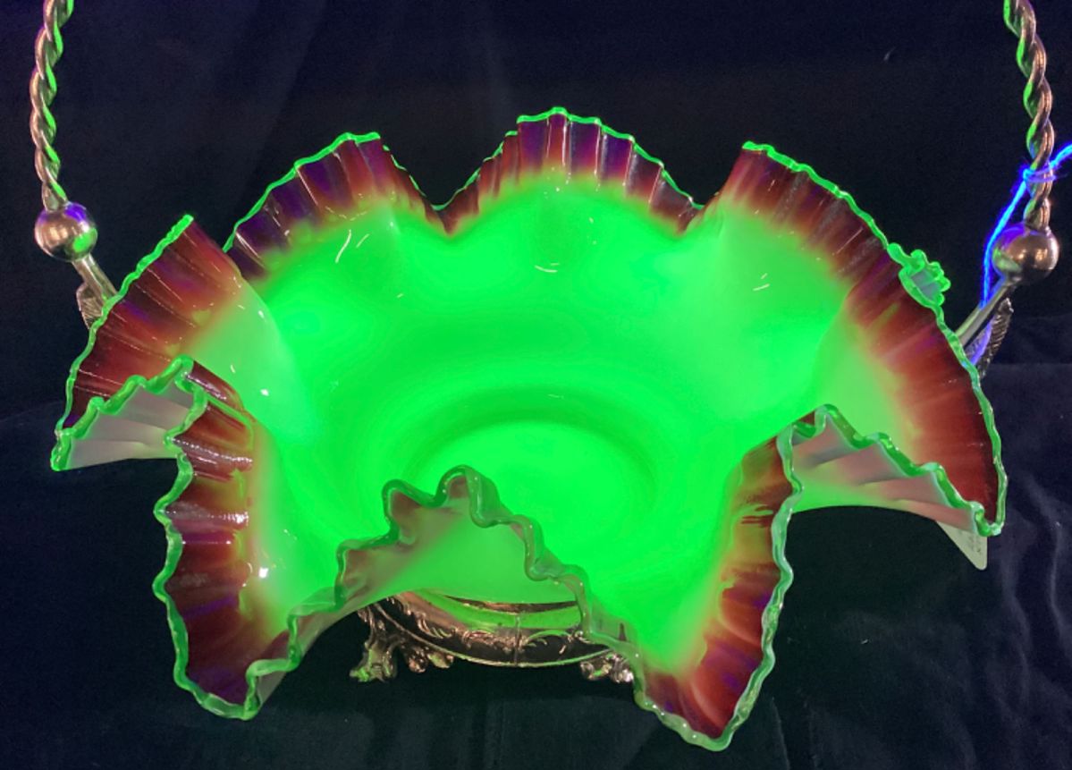 RARE ANTIQUE (LATE 1800s) 11’’ MT. WASHINGTONURANIUM BRIDES BOWL WITH CRANBERRY RUFFLED EDGE & SILVERPLATE BASKET HOLDER