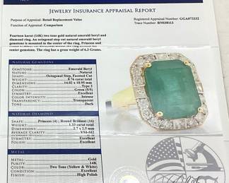 14KT YELLOW & WHITE GOLD EMERALD & DIAMOND RING SIZE 7, 8.76cts EMERALD, 1.33cts DIAMONDS, 6.3g TOTAL WEIGHT, GGA APPRAISAL $25,940.00
