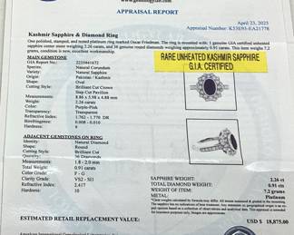 PLATINUM SAPPHIRE & DIAMOND RING, SIZE 7, RARE G.I.A. CERTIFIED UNHEATED KASHMIR SAPPHIRE, 2.26cts SAPPHIRE, 0.91cts DIAMONDS, 7.2g TOTAL WEIGHT, AIGL APPRAISAL $18,875.00