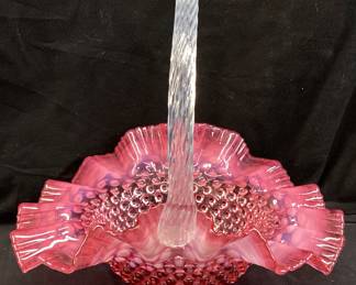 FENTON CRANBERRY OPALESCENT HOBNAIL BASKET, 9’’H NO SHIPPING PICKUP ONLY