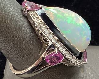 PLATINUM OPAL, SAPPHIRE, & DIAMOND RING, SIZE 8.25, 11.32ct OPAL, 2.18ct SAPPHIRE, 0.6ct DIAMONDS, 18.9g TOTAL WEIGHT, GGA APPRAISAL $19,370.00