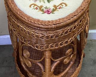 WICKER HEART SHAPED SEWING STAND w NEEDLEPOINT SEAT