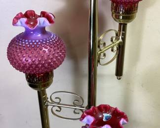VTG. FENTON CRANBERRY OPALESCENT HOBNAIL 3 LIGHT POLE LAMP