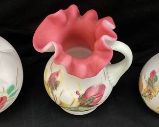 (3) FENTON for L. G. WRIGHT MOSS ROSE CRUET, PITCHER & VASE