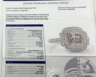 PLATINUM DIAMOND RING, SIZE 7, 1.02ct CENTER DIAMOND, 0.34cts ADJACENT DIAMONDS, 7g TOTAL WEIGHT, GGA APPRAISAL $15,890.00