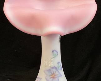 FENTON #2520/2750 BLUE BURMESE JACK IN THE PULPIT VASE, SIGNED C.CURRY, HAND PAINTED, 10.5"