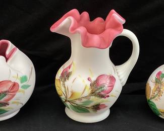 (3) FENTON for L. G. WRIGHT MOSS ROSE CRUET, PITCHER & VASE