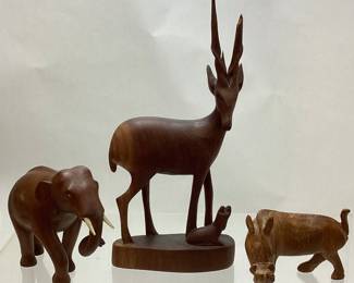 (3) WOOD CARVED AFRICAN ANIMALS, ELEPHANT, ANTELOPE, WARTHOG