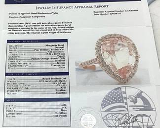 14KT ROSE GOLD MORGANITE & DIAMOND RING, SIZE 6.5 7.86cts MORGANITE, 0.91cts DIAMONDS, 5.6g TOTAL WEIGHT, GGA APPRAISAL $15,830.00
