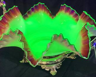 RARE ANTIQUE (LATE 1800s) 11’’ MT. WASHINGTONURANIUM BRIDES BOWL WITH CRANBERRY RUFFLED EDGE & SILVERPLATE BASKET HOLDER