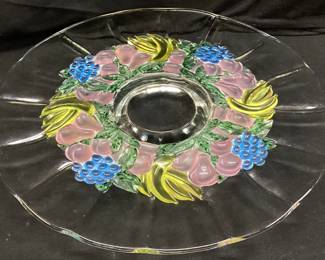 INDIANA GLASS MULTICOLORED STAINED GLASS CAKE PLATTER