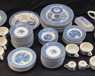 119 PIECE ROYAL CHINA CO. CURRIER & IVES BLUE DINNERWARE SERVING SET, ROYAL CHINA 1934-1986, SEBRING, OHIO, INCLUDES 5 DECORATIVE PLATES