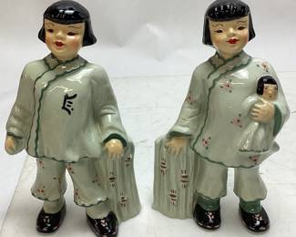 PAIR OF FLORENCE CERAMICS ASIAN BOY & GIRL FIGURINE VASES, 7"