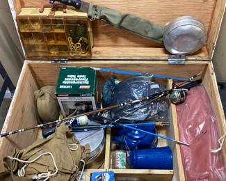 WOOD TRUNK FULL OF CAMPING & FISHING GEAR
