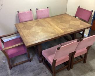 PARQUETRY OAK DINING TABLE & CHAIRS w 2 LEAF & 6 CHAIRS