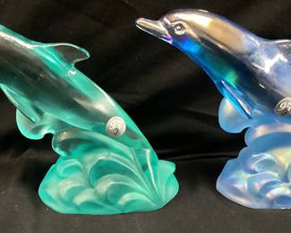 (2) 95th ANNIVERSARY FENTON IRIDESCENT & AQUA BLUE DOLPHIN SCULPTURES, 10’’