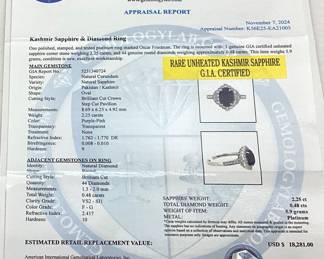 PLATINUM SAPPHIRE & DIAMOND RING, SIZE 7, RARE G.I.A. CERTIFIED UNHEATED KASHMIR SAPPHIRE, 2.25ct SAPPHIRE, 0.48cts DIAMONDS, 5.9g TOTAL WEIGHT, AIGL APPRAISAL $18,281.00