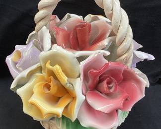 VTG. CAPO-DI-MONTE FLORAL BASKET, 10’’H