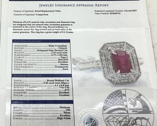 PLATINUM RUBY & DIAMOND RING, SIZE 7, 1.34cts RUBY, 0.4cts DIAMONDS, 5.2g TOTAL WEIGHT, GGA APPRAISAL $7,520.00