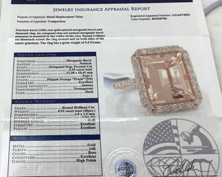 14KT ROSE GOLD MORGANITE & DIAMOND RING, SIZE 6.5, 5.55cts MORGANITE, 0.91cts DIAMONDS, 5.4g TOTAL WEIGHT, GGA APPRAISAL $14,370.00