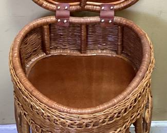 WICKER HEART SHAPED SEWING STAND w NEEDLEPOINT SEAT