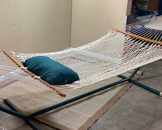 PAWLEYS ISLAND LARGE ROPE HAMMOCK, EST. 15’W & DAWN PATIO RUG