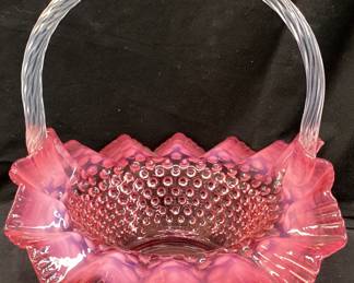 FENTON CRANBERRY OPALESCENT HOBNAIL BASKET, 9’’H NO SHIPPING PICKUP ONLY