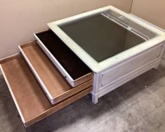 BOB TIMBERLAKE LEXINGTON FURNITURE GLASS TOP 3 DRAWER DISPLAY COFFEE TABLE,