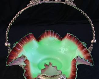 RARE ANTIQUE (LATE 1800s) 11’’ MT. WASHINGTONURANIUM BRIDES BOWL WITH CRANBERRY RUFFLED EDGE & SILVERPLATE BASKET HOLDER