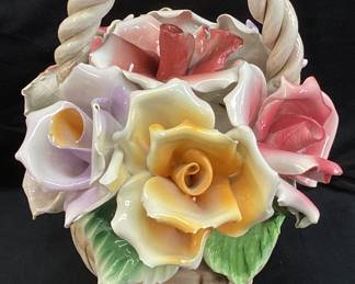 VTG. CAPO-DI-MONTE FLORAL BASKET, 10’’H