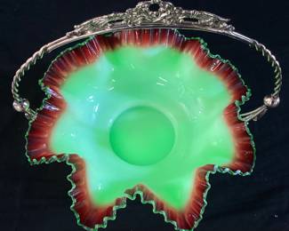 RARE ANTIQUE (LATE 1800s) 11’’ MT. WASHINGTONURANIUM BRIDES BOWL WITH CRANBERRY RUFFLED EDGE & SILVERPLATE BASKET HOLDER