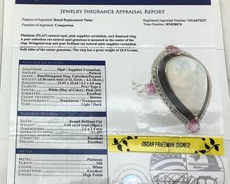 PLATINUM OPAL, SAPPHIRE, & DIAMOND RING, SIZE 8.25, 11.32ct OPAL, 2.18ct SAPPHIRE, 0.6ct DIAMONDS, 18.9g TOTAL WEIGHT, GGA APPRAISAL $19,370.00