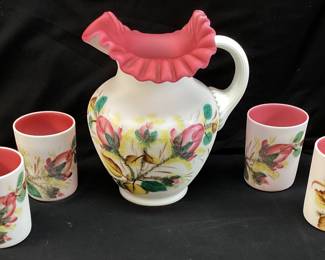 VTG. FENTON MOSS ROSE PITCHER MADE FOR L.G.WRIGHT WITH 6 MOSS ROSE TUMBLERS