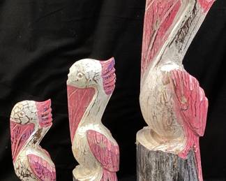 SET OF 3 WOOD HAND CARVED PAINTED BEACH PELICANS