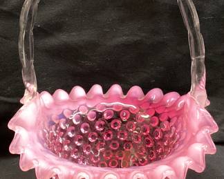FENTON CRANBERRY HOBNAIL BASKET, 9’’H