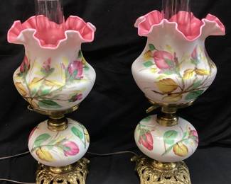 PAIR OF VTG. FENTON MOSS ROSE PEACH CREST 3 SWITCH TABLE LAMPS MADE FOR L.G. WRIGHT