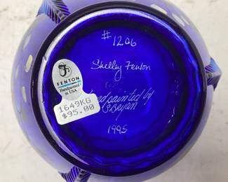 1995 FENTON COBALT BLUE RUFFLED EDGE VASE, 9’’, SIGNED BY SHELLY FENTON & ARTIST S. BRYAN