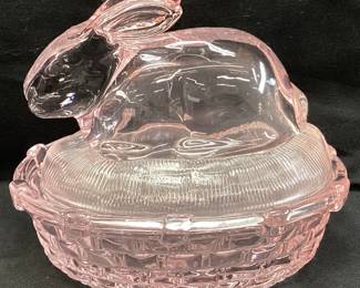 PINK GLASS RABBIT ON A NEST, 5.5’’W